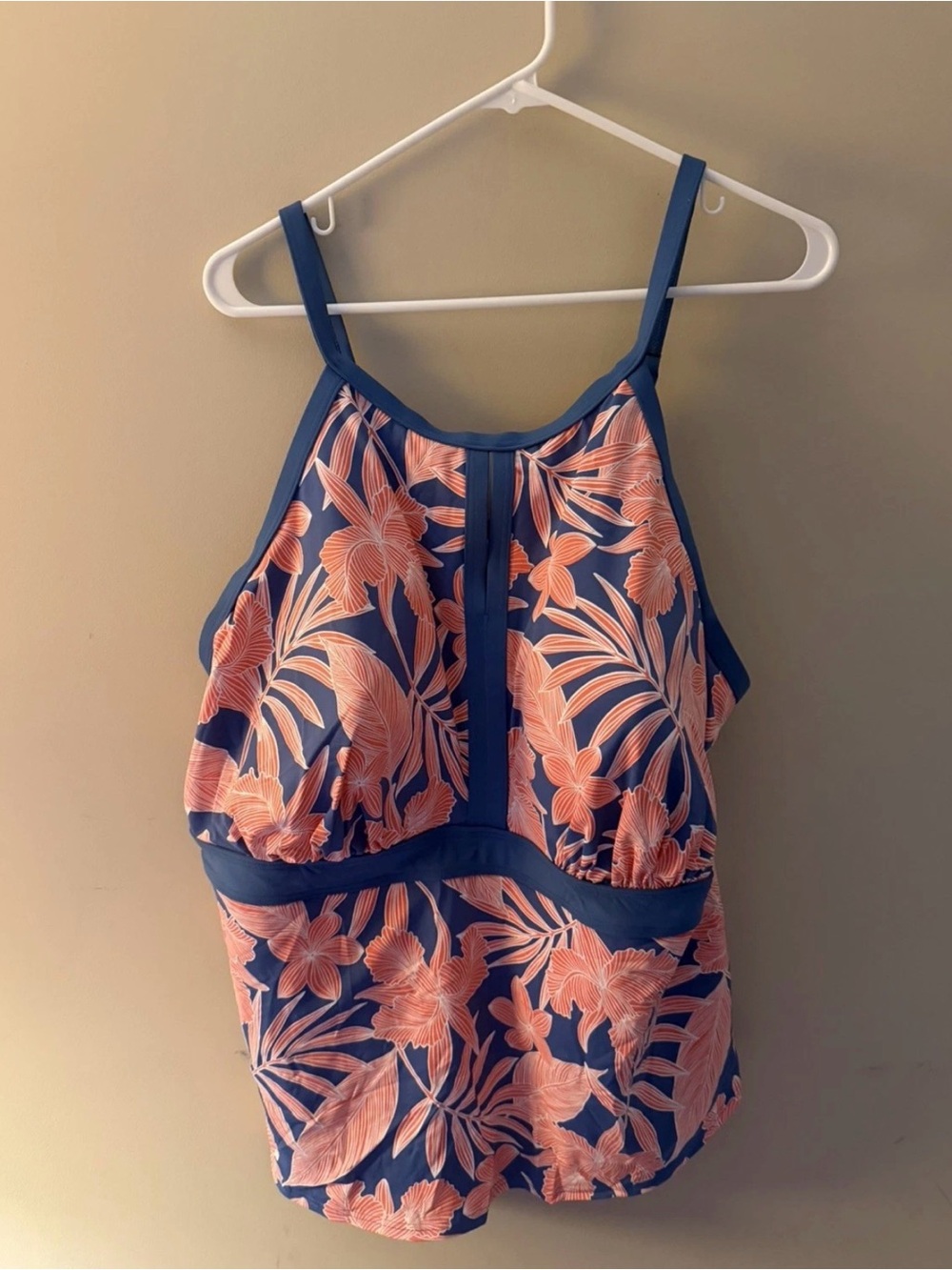 Lands' End Blue and Coral Floral Tankini Top keyhole 26w